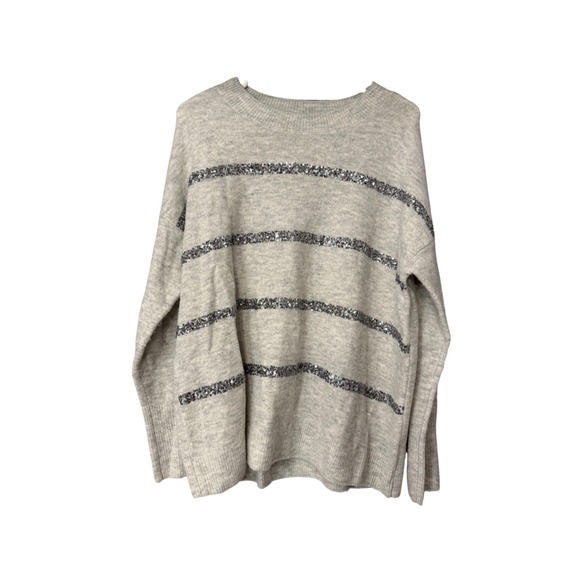 CeCe Sweaters - CeCe Women's Gray Sequined‎ Striped Long Sleeve Sweater Size S